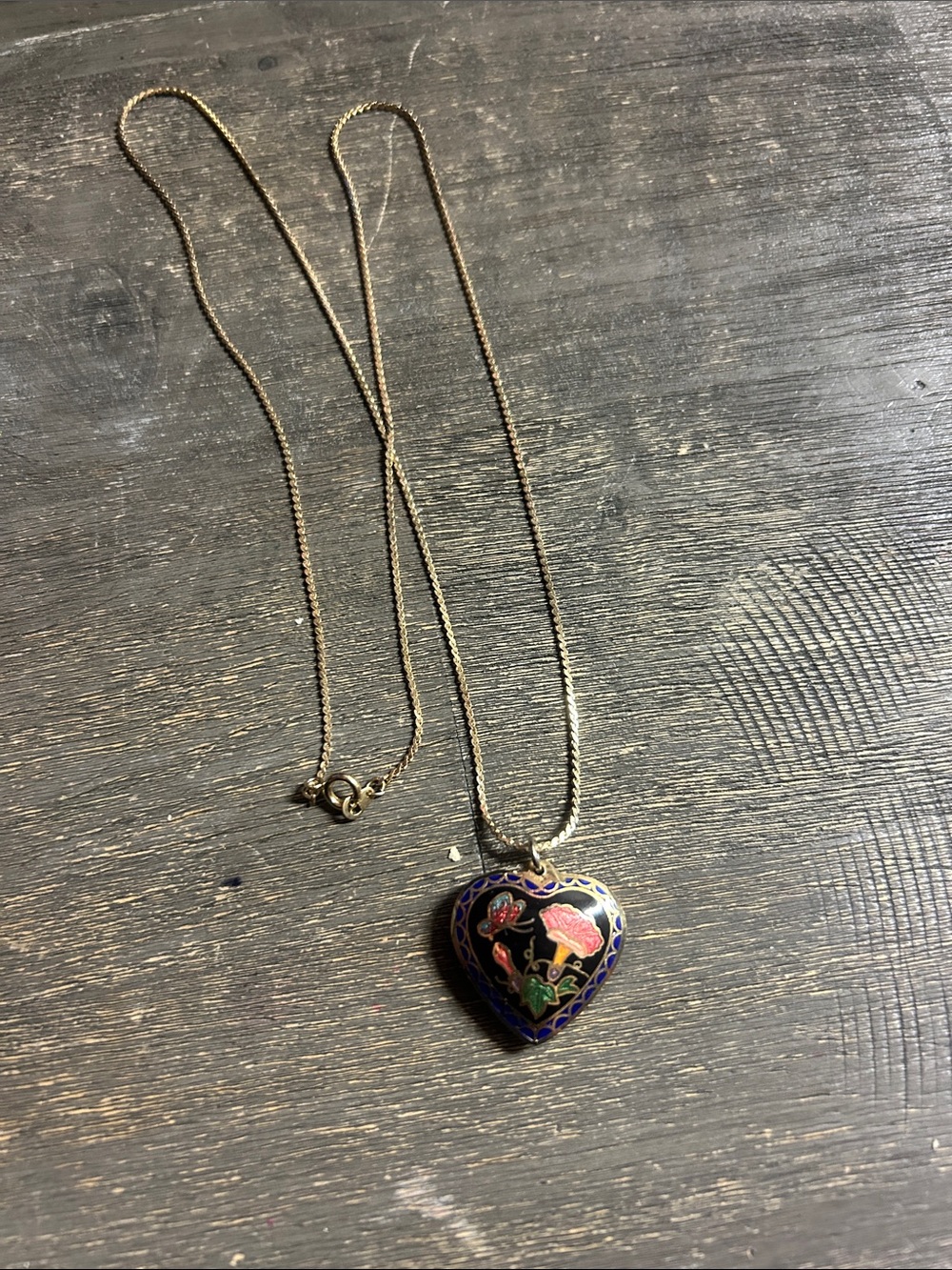 VTG Chinese cloisonnรฉ puffy heartโ necklace with black enamel floral & butterfly